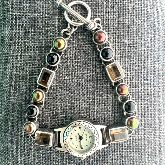 Peyote Bird Designs Jewelry - Vintage Peyote Bird Smoky Quartz Navajo Pearl Black Onyx & Silver Watch Bracelet